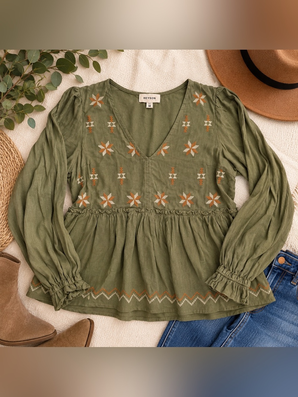 HEYSON Olive Green Embroidered Boho Peasant Blouse Medium